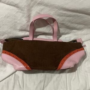 DKNY pink leather brown linen hand held small bag euc